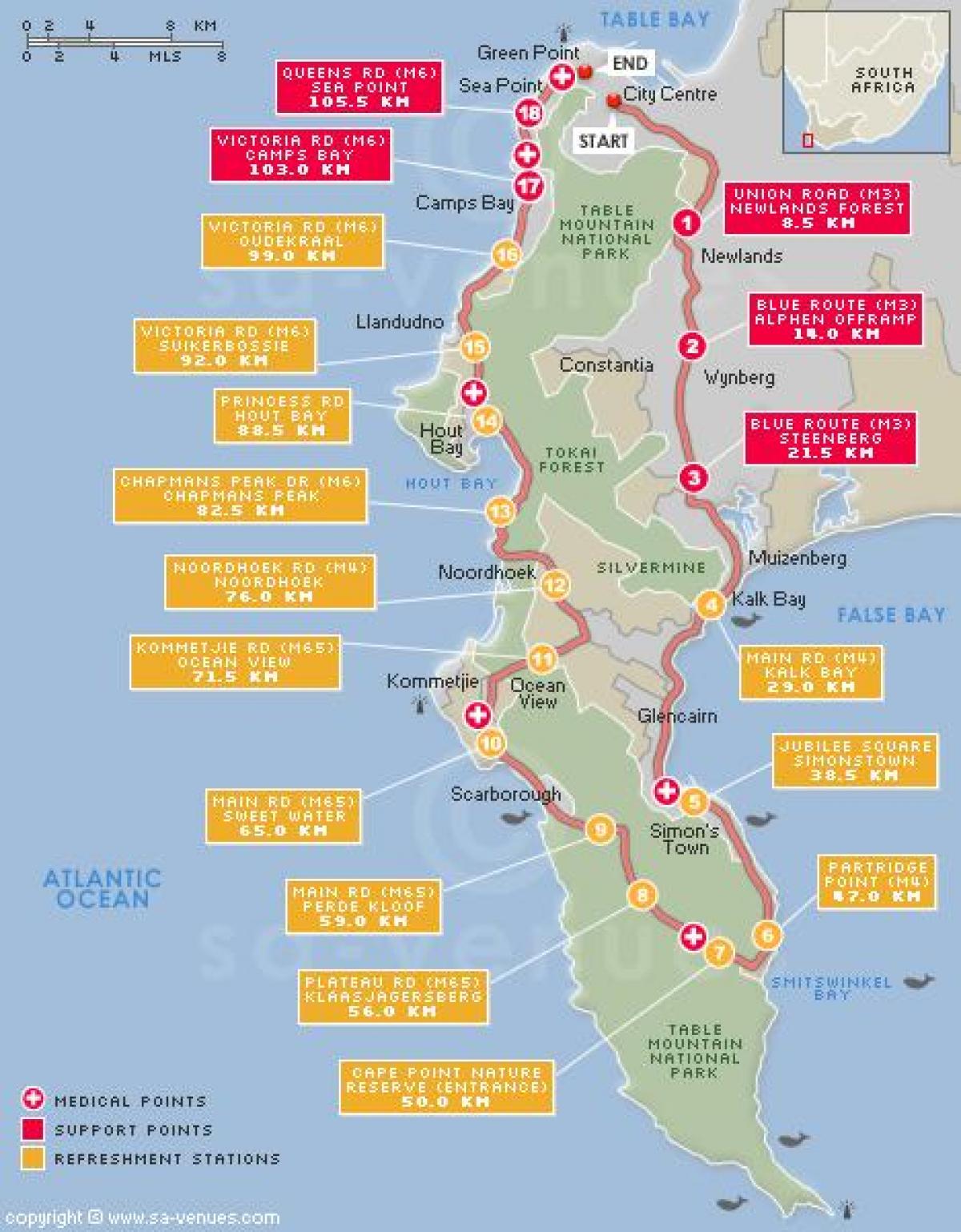 kaart van cape argus route