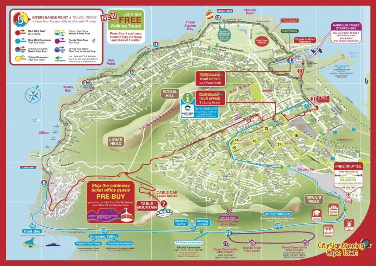 kaart van Cape Town city hop-on-hop-off bus tour