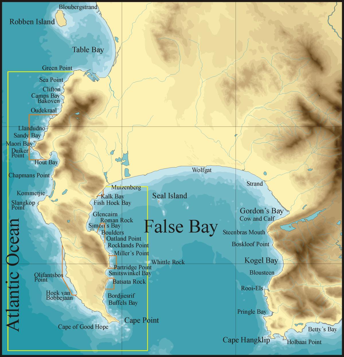 kaart van false bay, Cape Town