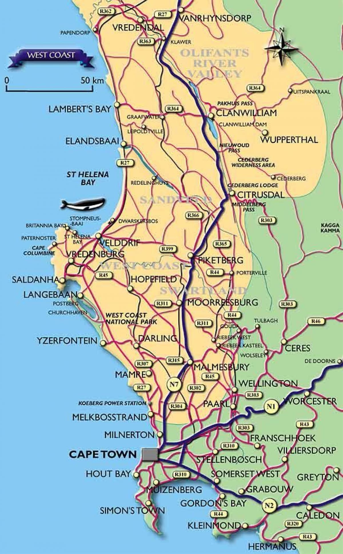 kaart van de kust van Cape Town