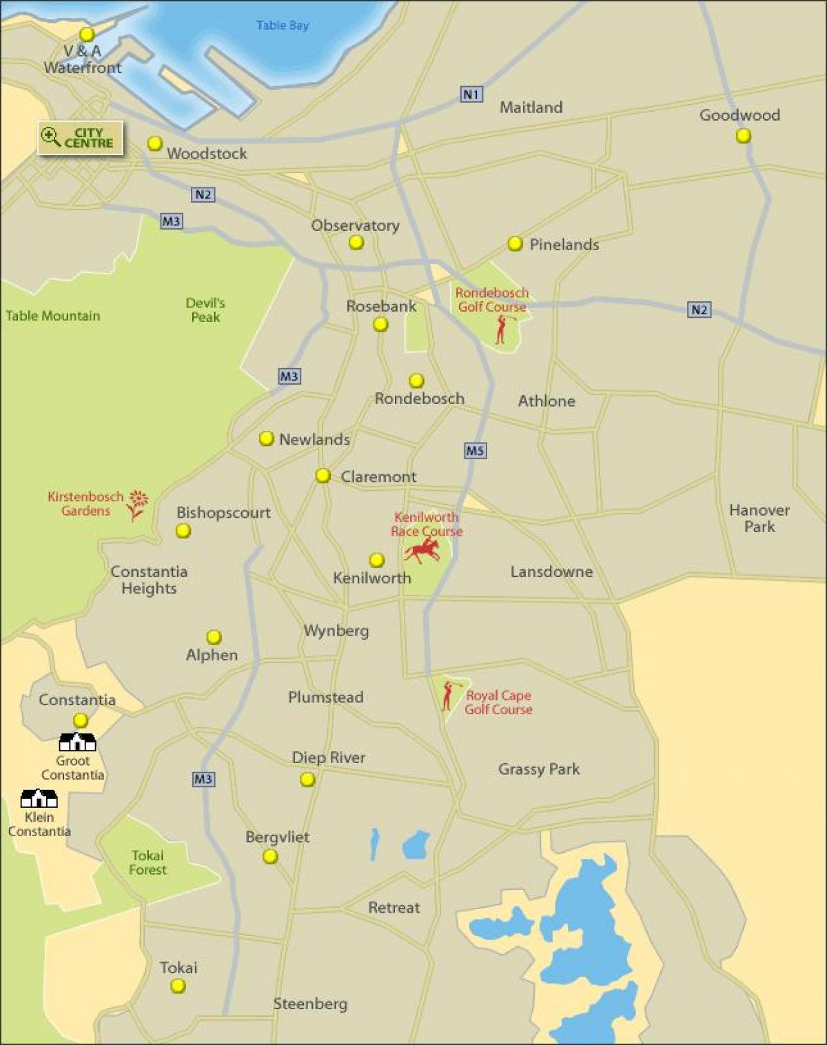 kaart van zuidelijke buitenwijken van kaapstad