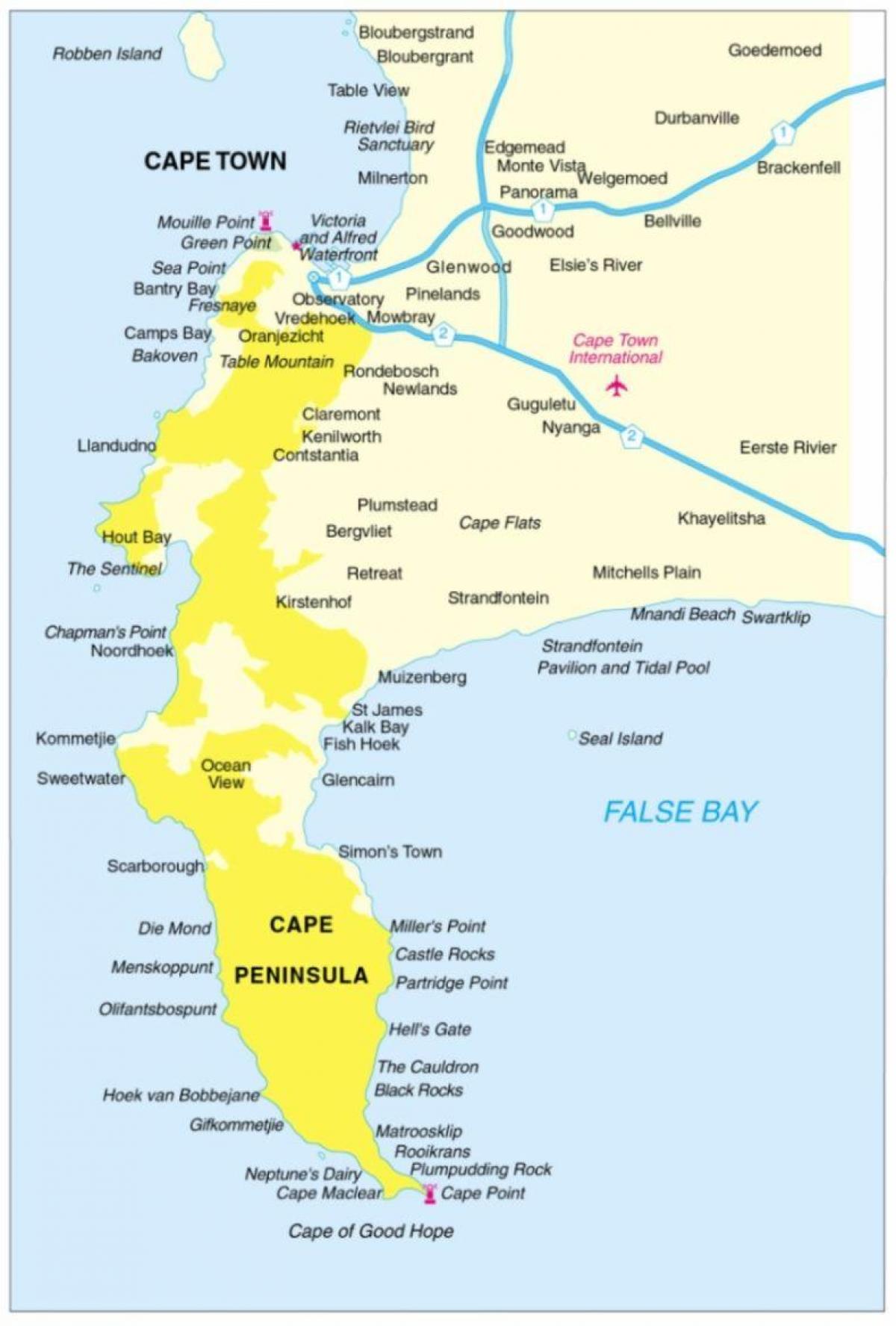 kaart van het kaapse schiereiland Zuid-Afrika