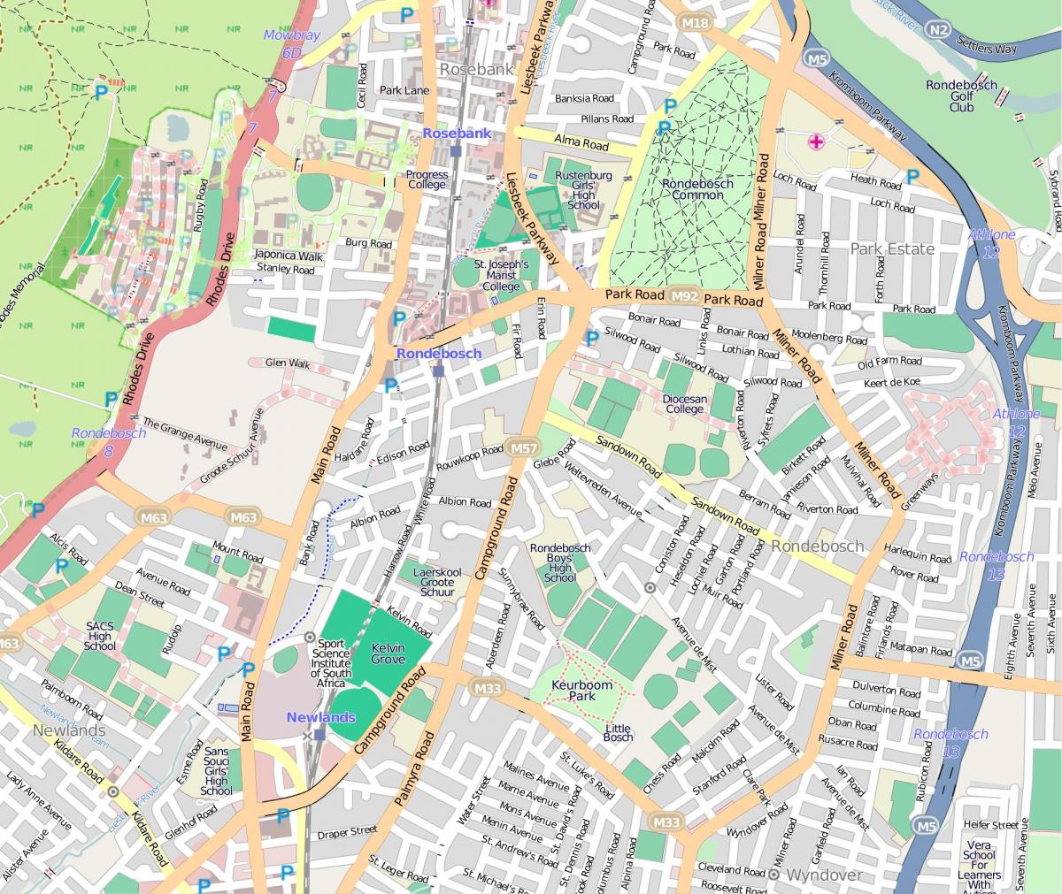 kaart van Cape Town rondebosch