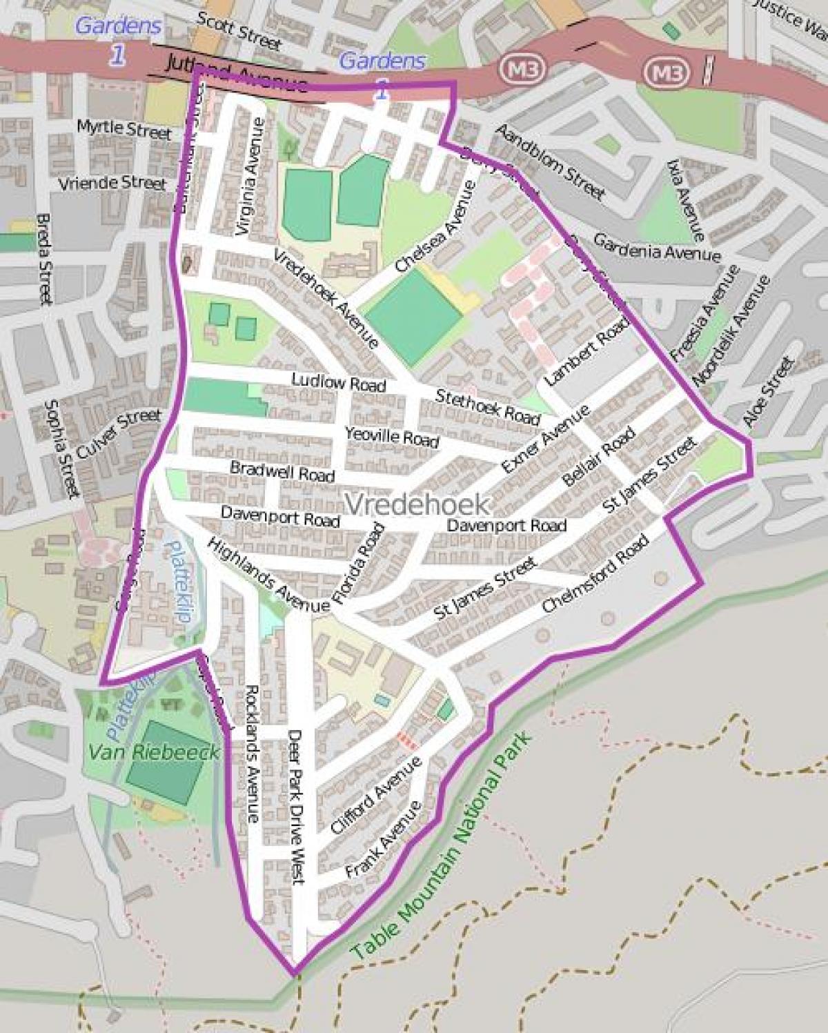 kaart van vredehoek kaapstad