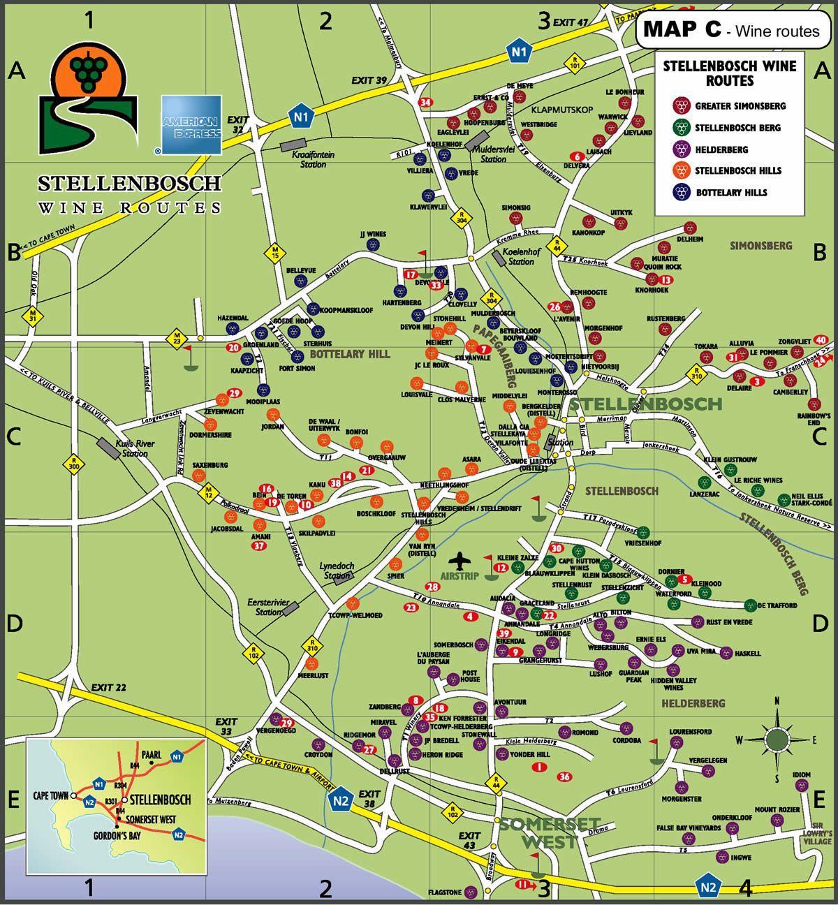 kaart van wijn route wegenkaart van kaapstad