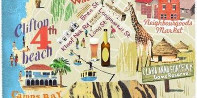 Kaart van vier attracties op een kaart van kaapstad